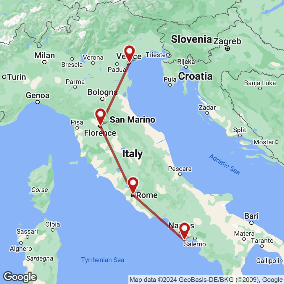 Route for Venice, Florence, Rome, Sorrento tour